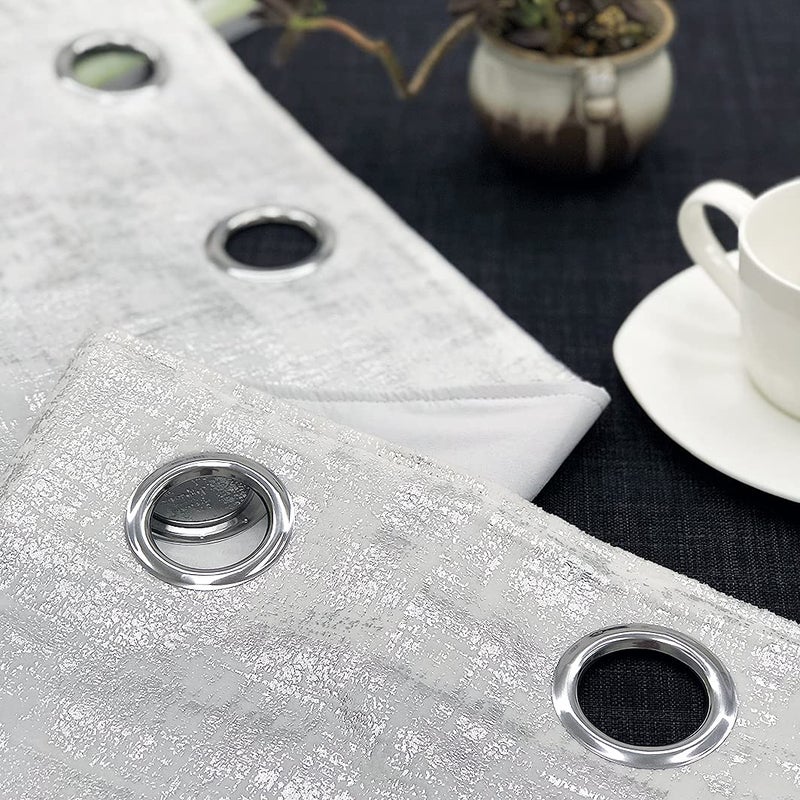 always4u 100% Blackout Soft Velvet Curtains for Bedroom Living Room Thermal Energy Saving 84 Inches Long Luxury Silver Foil Print Drapes 2 Panels White - Image 3